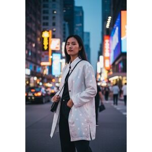 Mariko NWT Silk Duster Jacket SZ XL White Pink Polka Dot Embroidered Long Coat